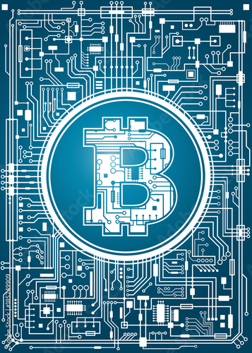 Bitcoin digital currency background. Futuristic chipset technology network concept. Vector blue vertical illustration.