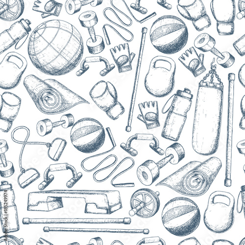 Seamless pattern of fitness accessories, sketch cartoon illustration of gym equipment for home exercise. Vector