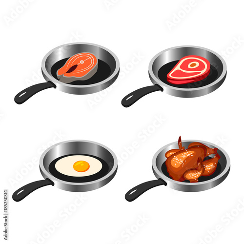 Fried meat, salmon, vegetables on the pan, scrambled eggs.