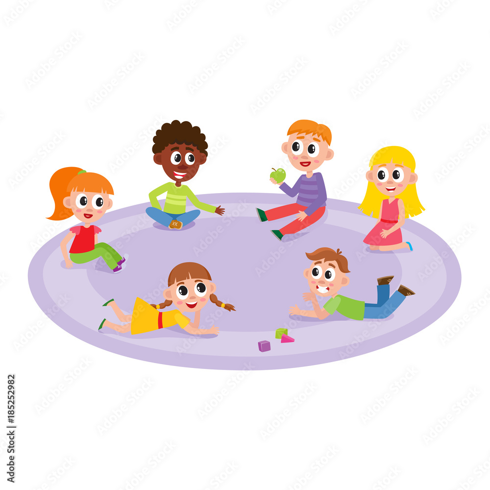 vector flat boys and girls sitting, lying at carpet playing with train, cubics toys and ball smiling and chating at preschool class . Isolated illustration on a white background. Kindergarten concept vector flat boys and girls sitting, lying at carpet playing with train, cubics toys and ball smiling and chating at preschool class . Isolated illustration on a white background. Kindergarten concept