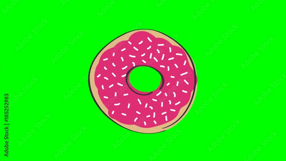 Animation of rotating donut with pink strawberry topping, animated hand drawn cartoon illustration, loop able, on chroma key green screen background. Animation of rotating donut with pink strawberry topping, animated hand drawn cartoon illustration, loop able, on chroma key green screen background.