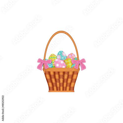 Woven basket full of painted Easter eggs, decoration element, cartoon vector illustration isolated on white background. Cartoon basket with painted Easter eggs decorated with ribbons