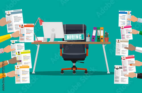 Office chair, sign vacancy, box with office itmes