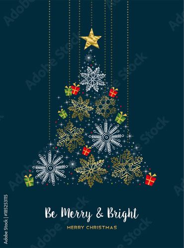 Merry Christmas gold winter snow pine tree card