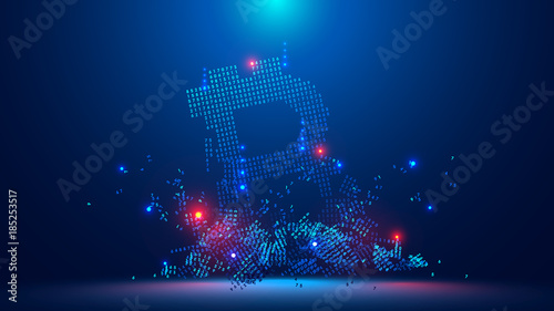 Bitcoin crash. Digital symbol of bitcoin falls to the bottom and is broken down into digital pieces. The collapse of bitcoin leads to disaster in the financial markets. Risks of cryptocurrency.
