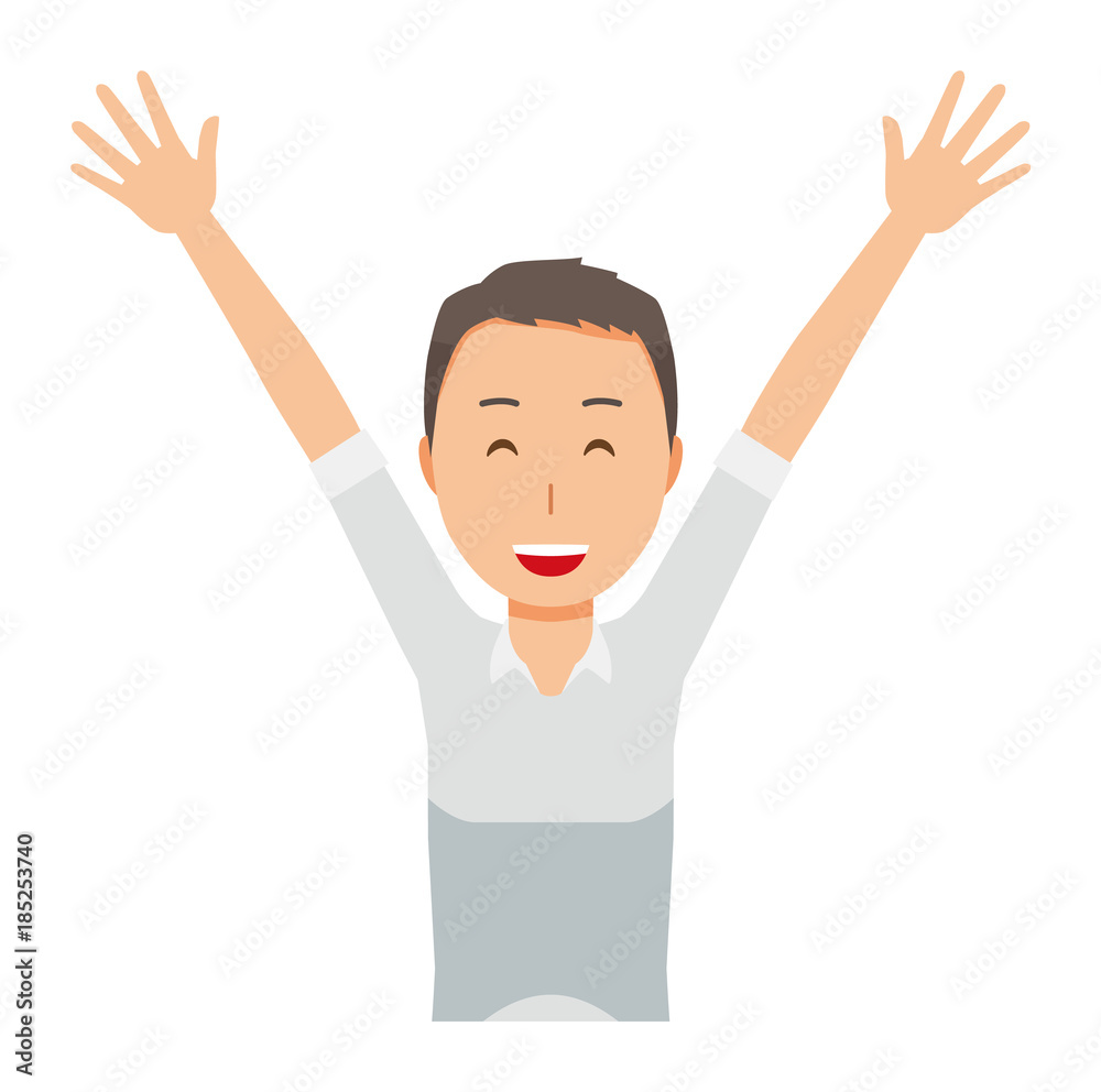 A man wearing a short sleeve shirt raises his hands A man wearing a short sleeve shirt raises his hands
