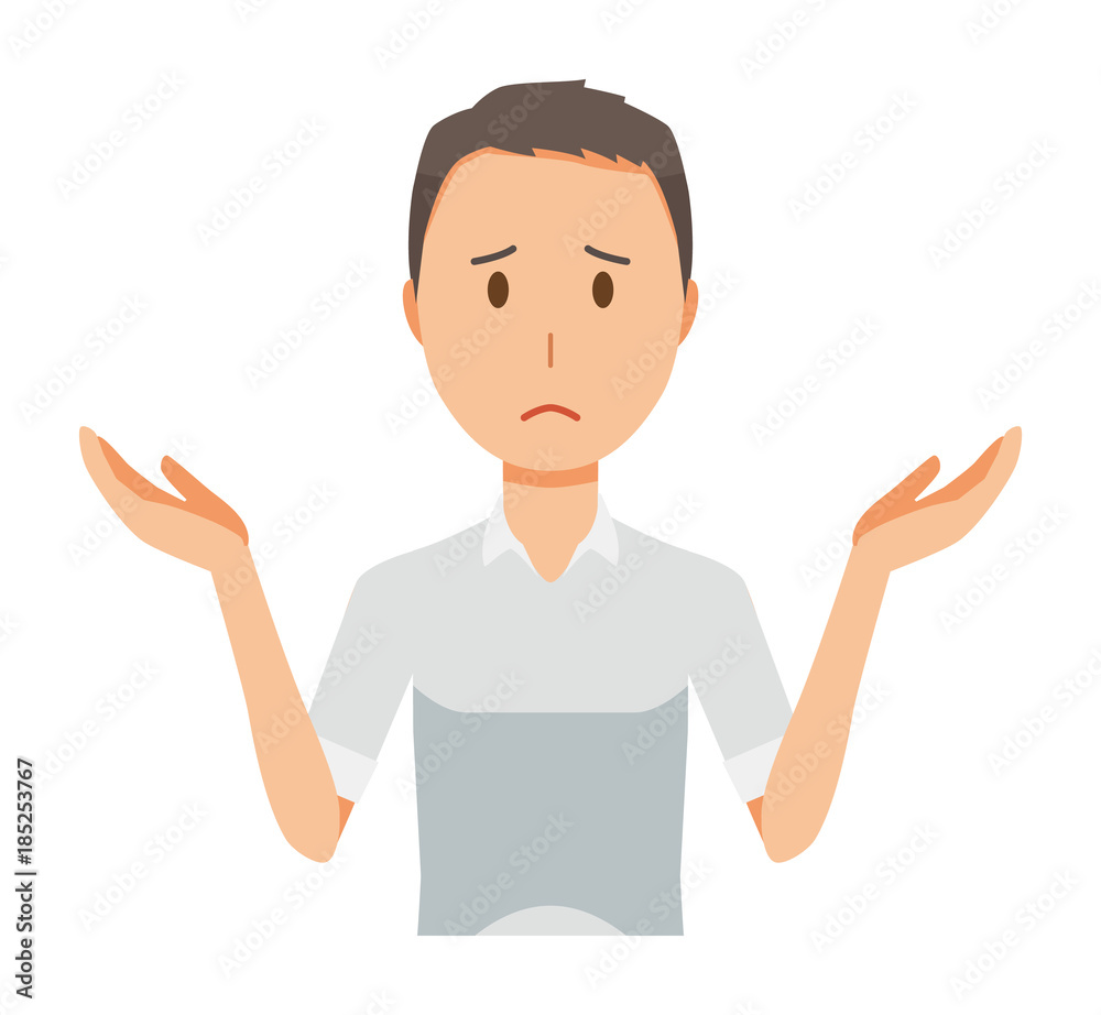 A man wearing a short sleeve shirt is shrugging his shoulders A man wearing a short sleeve shirt is shrugging his shoulders