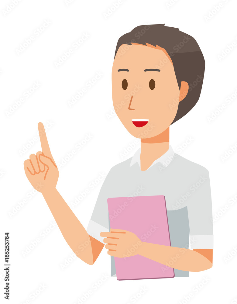 A man wearing a short sleeve shirt points with a file pointing A man wearing a short sleeve shirt points with a file pointing