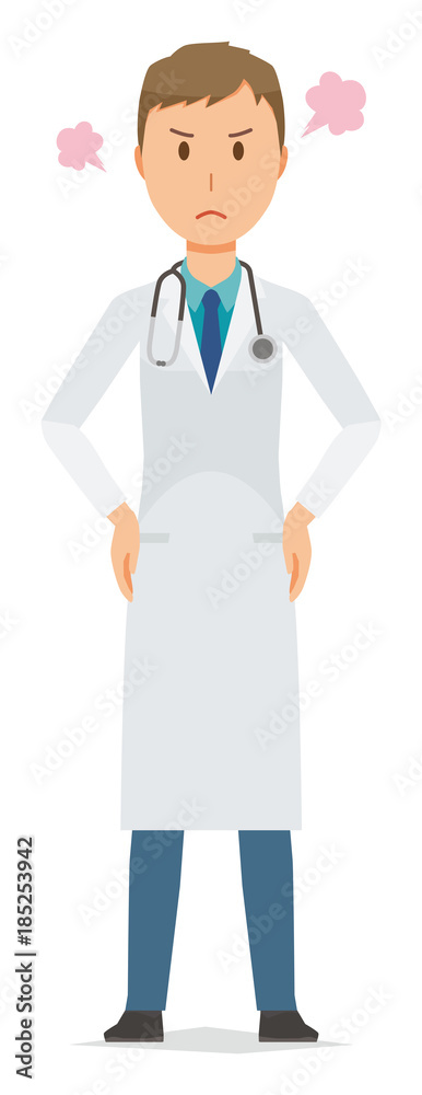 A young male doctor in a white suit is angry A young male doctor in a white suit is angry