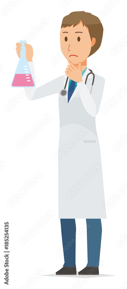 Young male doctor in white coat has erlenmeyer flask