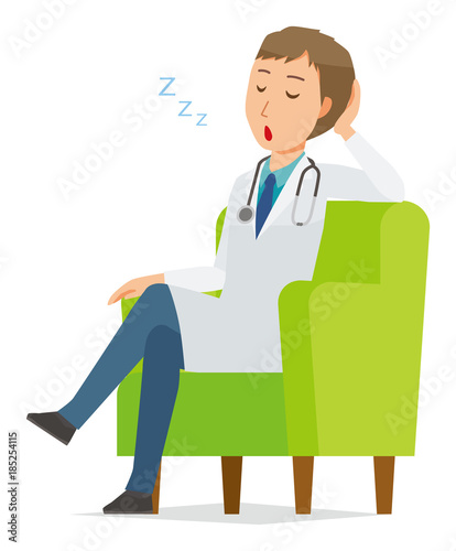 .A young male doctor wearing a white coat is sitting on a sofa and being dozing off