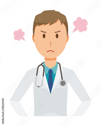 A young male doctor in a white suit is angry
