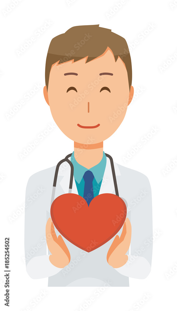 A young male doctor wearing a white suit has a heart mark A young male doctor wearing a white suit has a heart mark