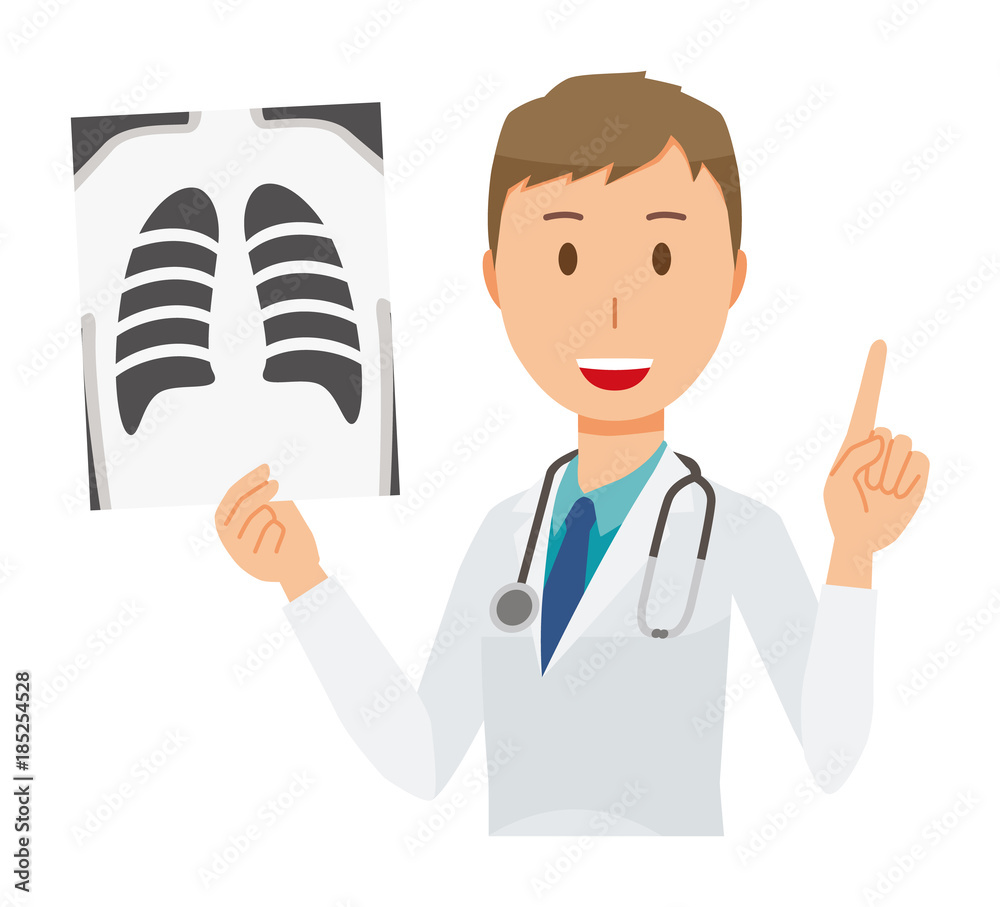 A young male doctor wearing a white suit has an X-ray picture A young male doctor wearing a white suit has an X-ray picture