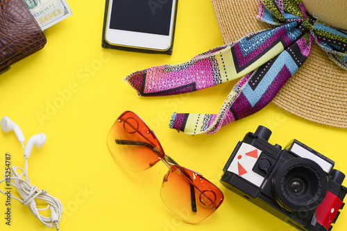 Travel concept background with beach accessories