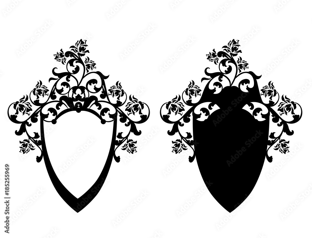 blank shield among rose flowers - black and white vector design Stock