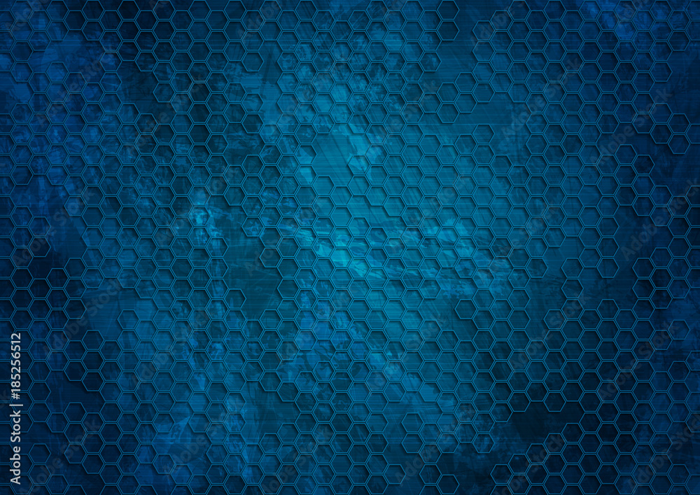 Old dark blue grunge hexagons texture background