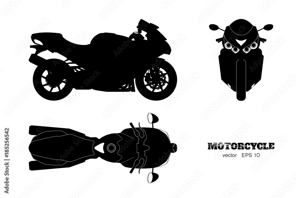 Fototapeta premium Black silhouette of motorcycle. Side, top and front view. Detailed isolated blueprint of motorbike on white background