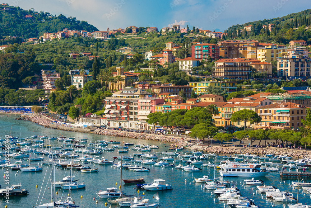 Bay with boats next to Lerici town in Liguria, Italy