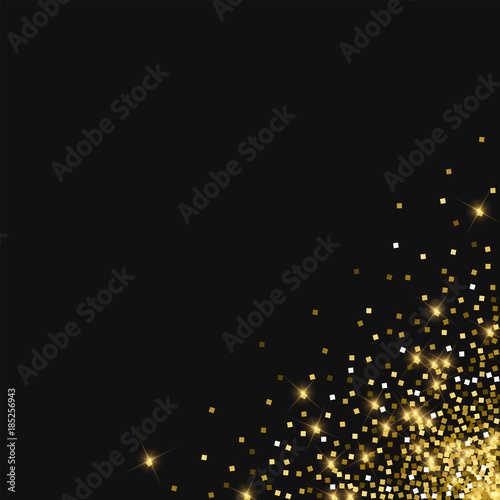 Sparkling gold. Messy bottom right corner with sparkling gold on black background. Pretty Vector illustration.