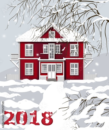 2018 card Red house. Winter snowy background Vector illustrations