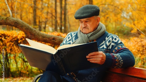 Old man is watching big photo album in the autumn park