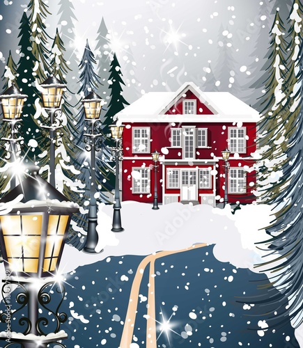 Red house Winter snowy background fir trees. Road to the forest. Vector illus...
