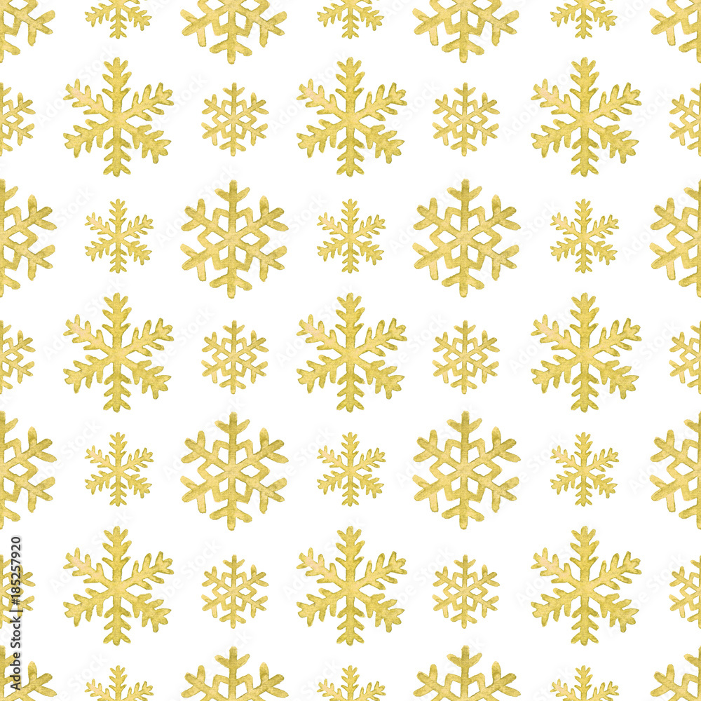 Hand painted gold watercolor snowflakes. Christmas and New Year seamless pattern Hand painted gold watercolor snowflakes. Christmas and New Year seamless pattern