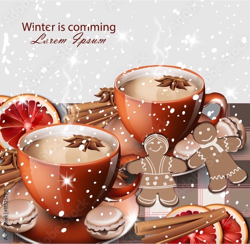 Winter hot tea and gingerbread cookies Vector realistic illustrations