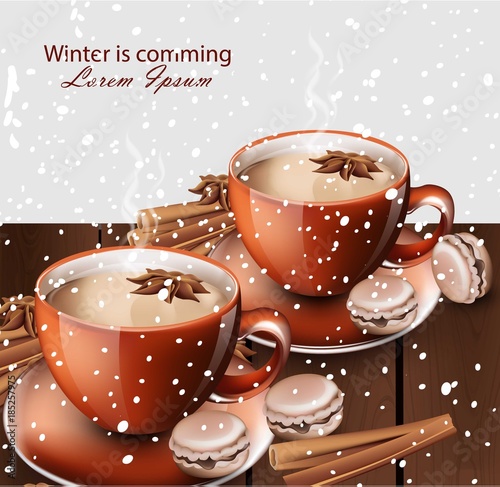 Winter hot tea and gingerbread cookies Vector realistic illustrations