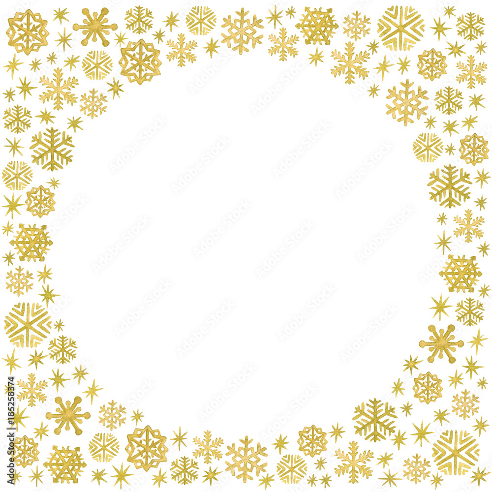 Watercolor Christmas and New Year template with a frame of gold hand painted snowflakes and sparkles Watercolor Christmas and New Year template with a frame of gold hand painted snowflakes and sparkles