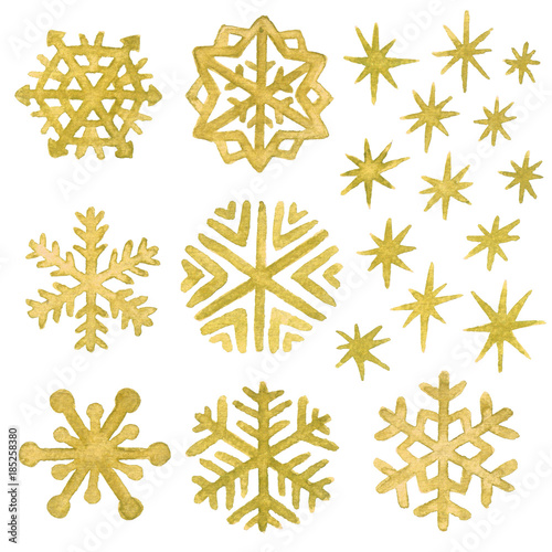 Watercolor snowflakes and stars in gold. Christmas and New Year clip art collection