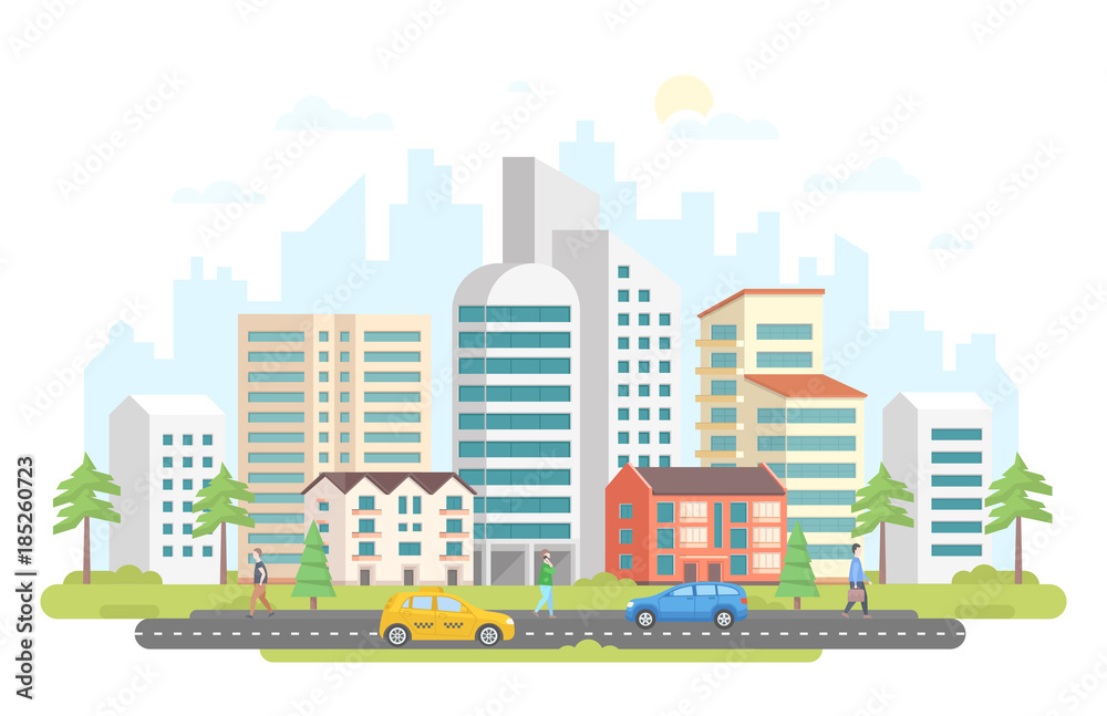 Streetscape - modern colorful flat design style vector illustration