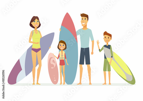 Family goes surfing - cartoon people characters isolated illustration