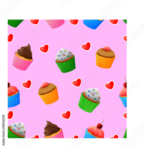 Seamless pattern of yummy colored cupcakes 