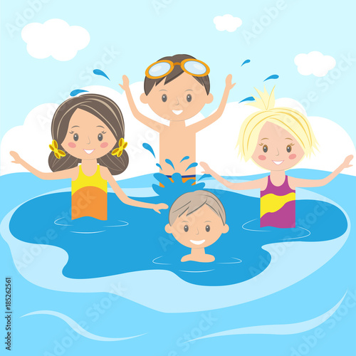 Children swim in the swimming pool