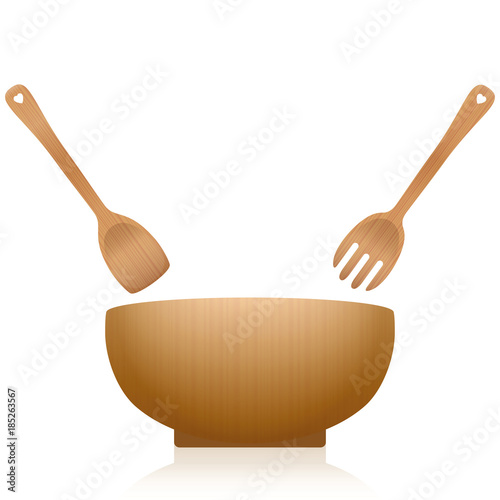 Salad servers and bowl - wooden set with blanked out hearts on the handles. Vector illustration on white background.