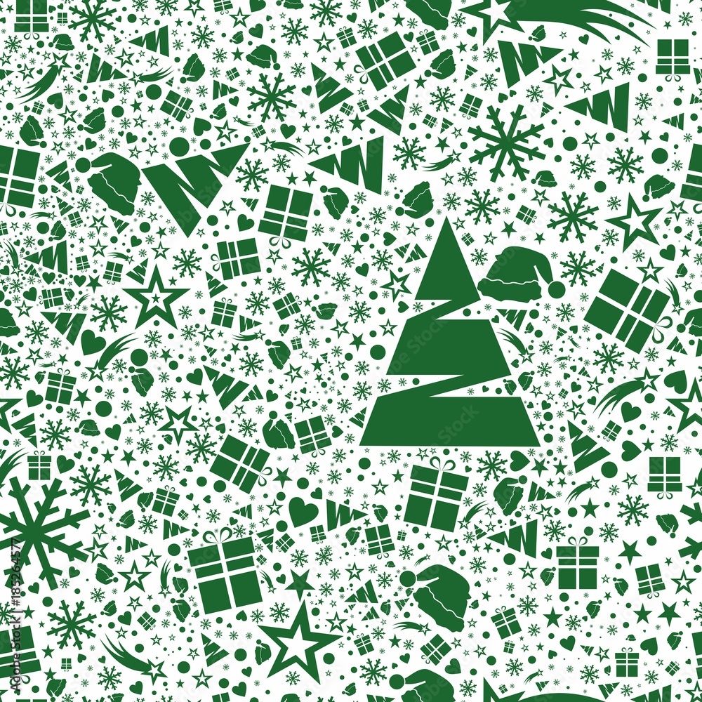 Świąteczny pattern w zielonych kolorach z choinką, prezentem, czapką, gwiazdką i śnieżką