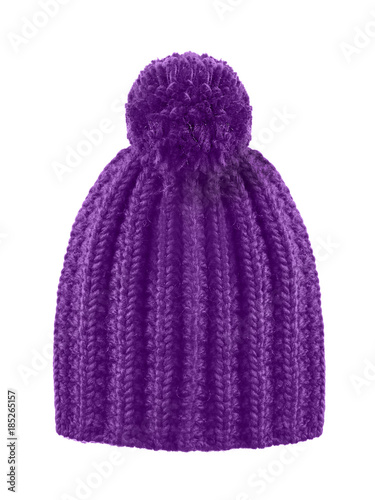 Violet woolen winter cap hat with a pom pom pompon isolated on white