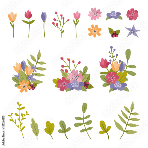 Floral set of vector flowers, leafs and bouquets