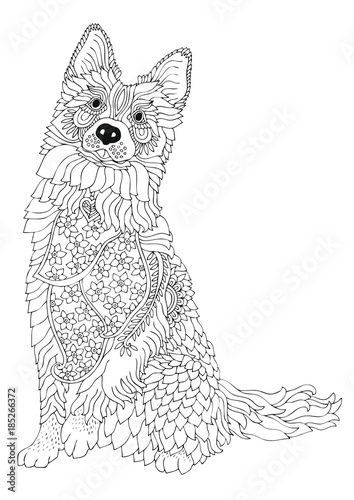 Hand drawn dog. Sketch for anti-stress adult coloring book in zen-tangle style. Vector illustration for coloring page.