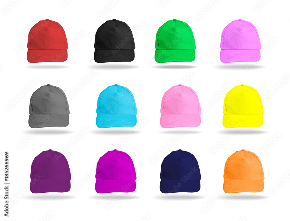 Set of colored baseball caps on a white background. Set of colored baseball caps on a white background.