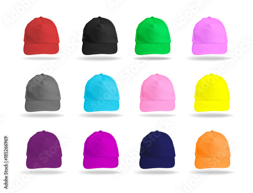 Set of colored baseball caps on a white background.