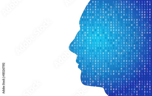 Human head silhouette with binary code data. 3D Rendering