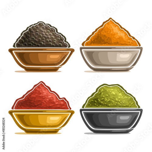 Vector set of Indian spices in bowl, heap of dried black pepper, oriental condiment curry, homemade seasoning chili or paprika powder, green ground fennel seed, set of various icons for indian cuisine