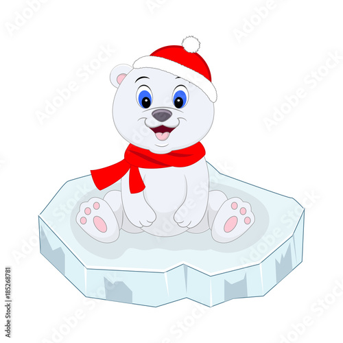 Cute funny cartoon polar bear on ice floe. Vector illustration.