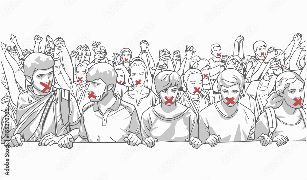 Illustration of young crowd protesting and holding hands with red tape on their mouth Illustration of young crowd protesting and holding hands with red tape on their mouth