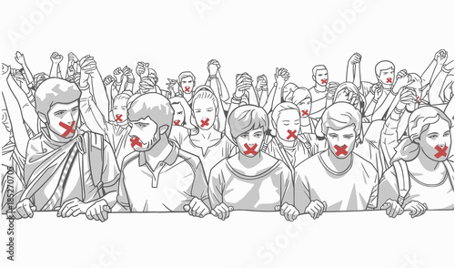 Illustration of young crowd protesting and holding hands with red tape on their mouth photo