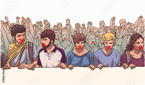 Illustration of young crowd protesting and holding hands with red tape on their mouth