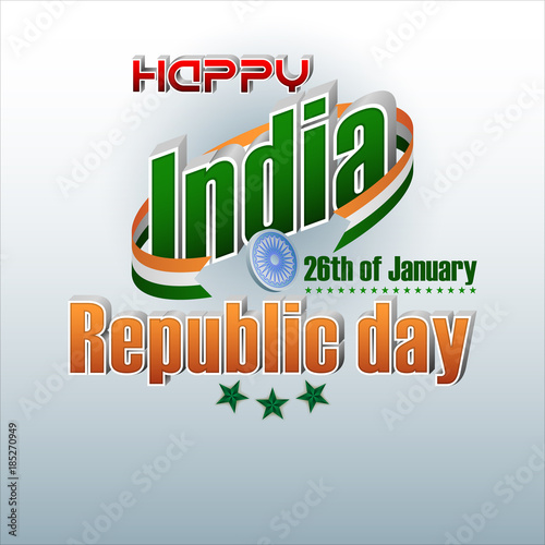 Holiday design, background with 3d texts, national flag colors and spinning wheel for 26th of January, India Republic day, celebration 